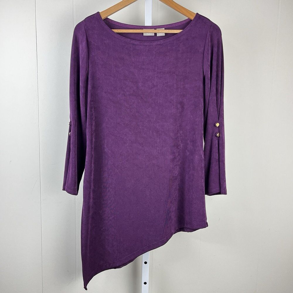 Chico's Travelers Slinky Top Size 0 Womens Small 4/6 Plum Purple Asymmetric